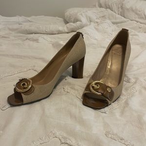 Stuart weitzman gold beige brown block heels with open toe